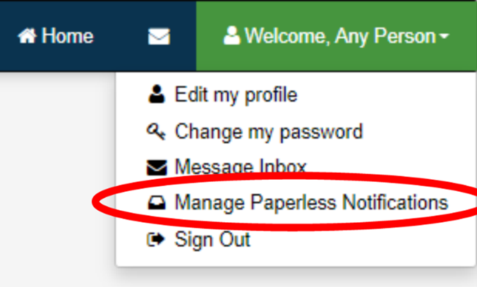 Manage paperless notifications menu