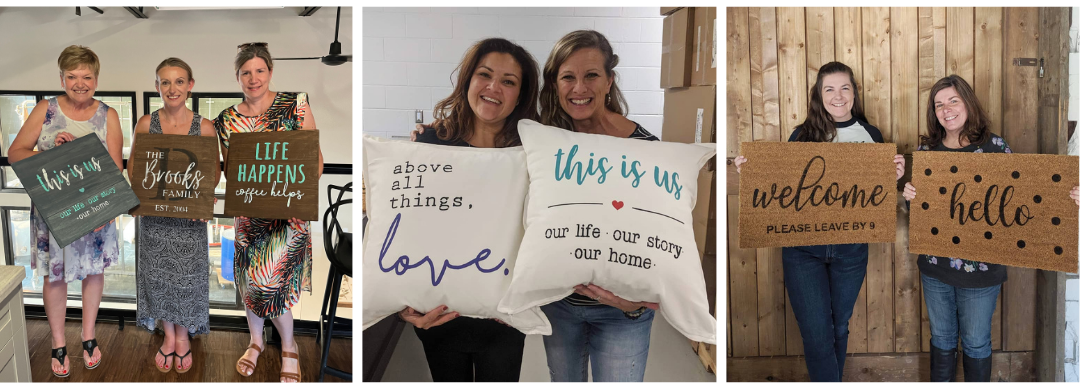 Decorative sign, pillow and welcome mat