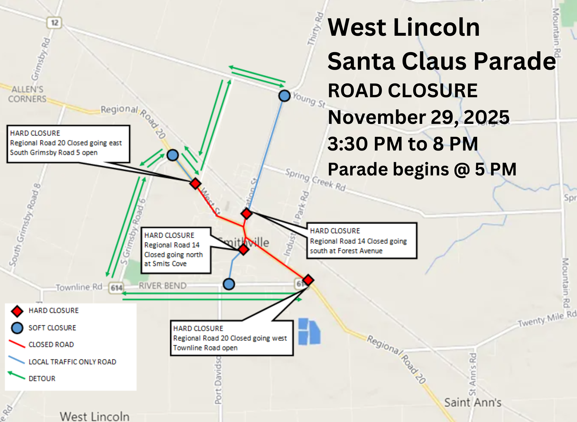 2025 Santa Claus Parade Road Closure Map