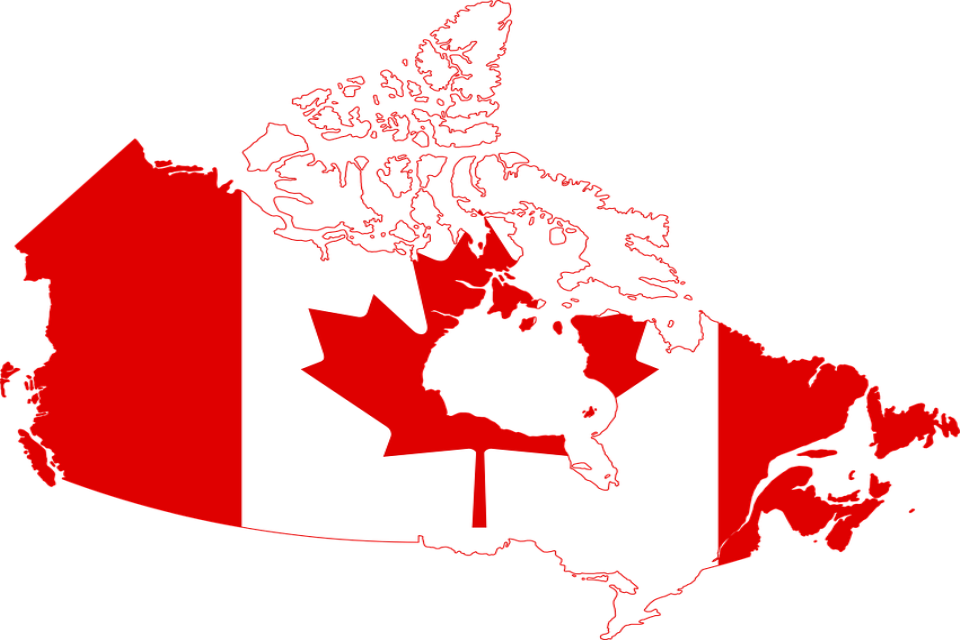 map of Canada coloured with a maple leaf and red panels along each side