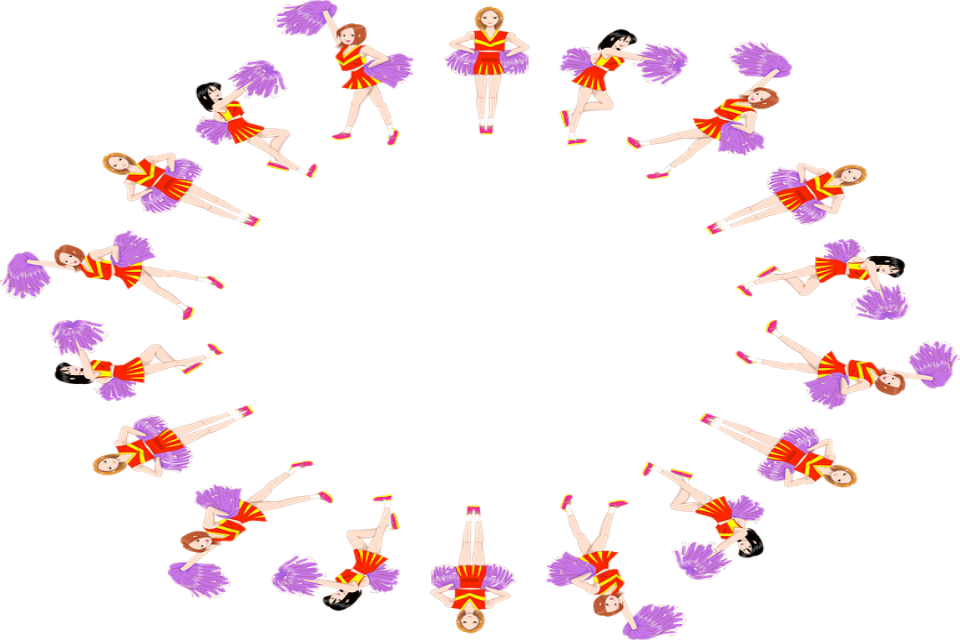 female youths standing in a circle with yellow and red uniforms cheering with their arms up holding pom poms