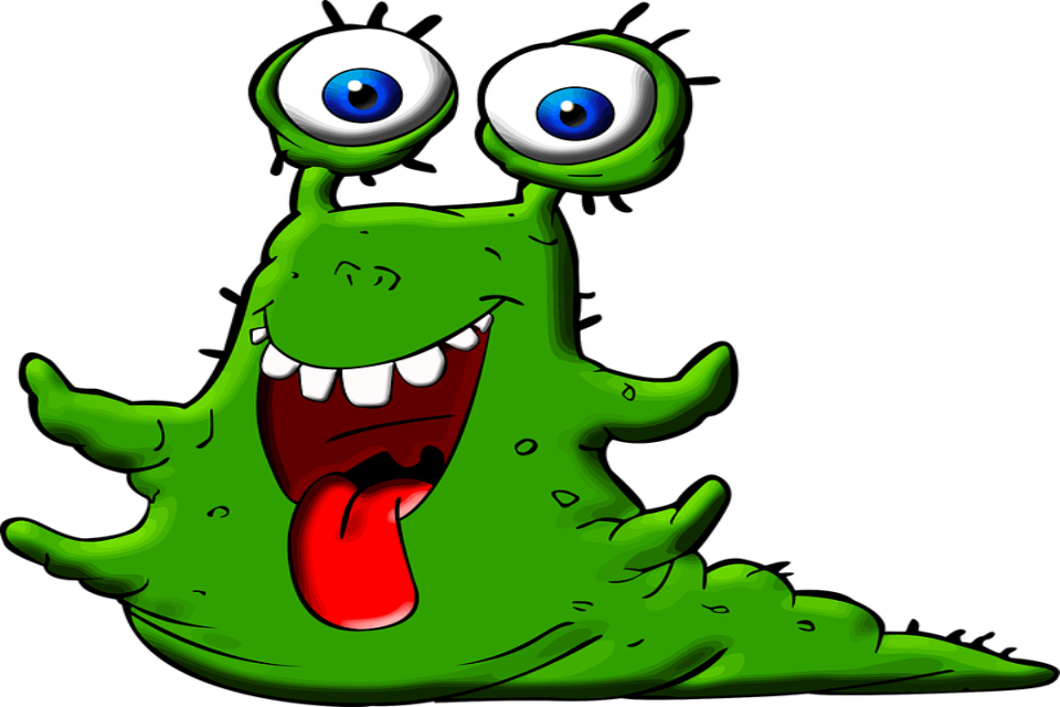 blob of green slime with eyes and a mouth full of teeth with it's red tongue sticking out
