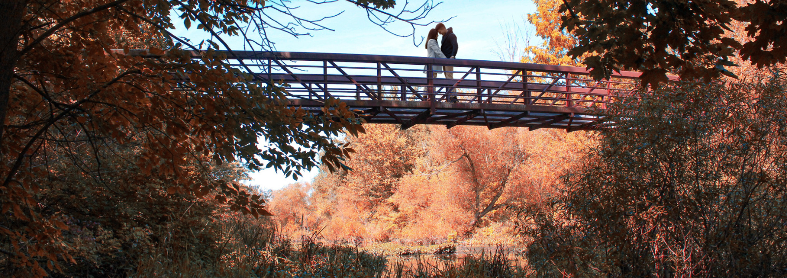 A couple stands on a bridge over a creek surrounded by trees in autumn