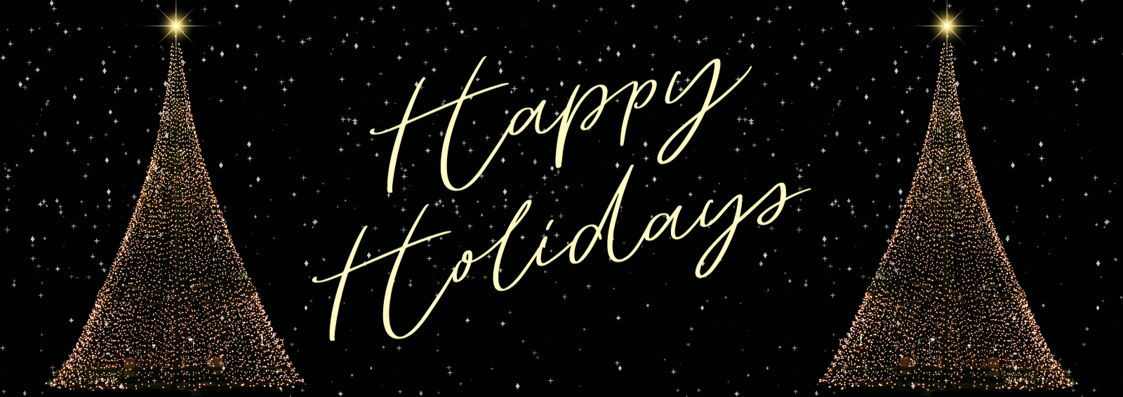 Graphic of Twinkling lights shaped like two Christmas trees with text that says Happy Holidays