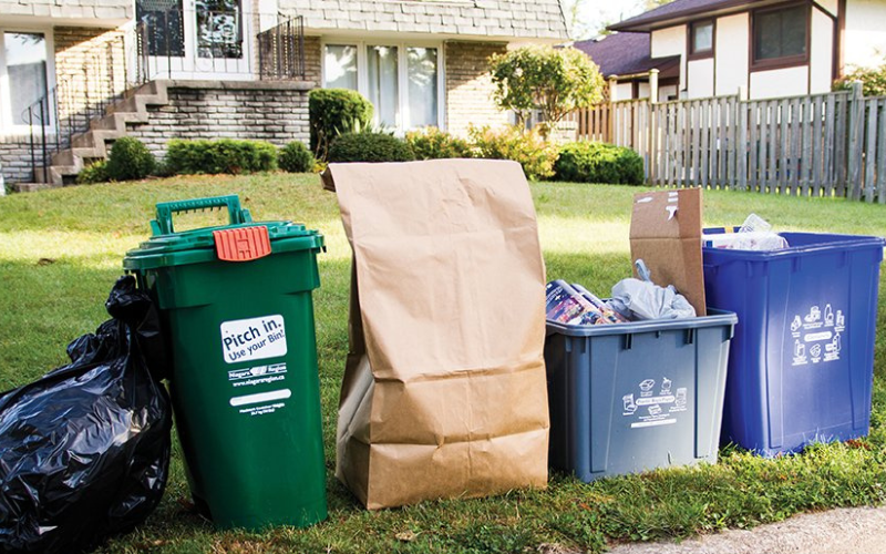 Garbage and recycling bins sitting at the curb