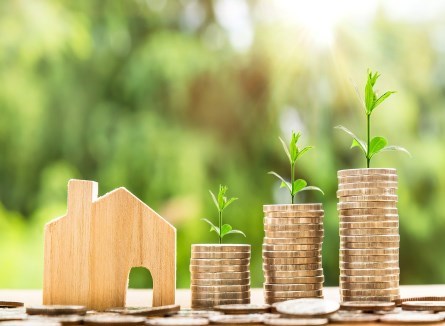 close up of toy wooden house and money